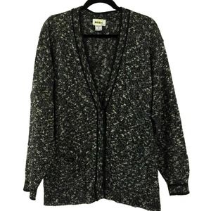 Melange Knit Wool Blend Cardigan Sweater Size L Black White Pockets Magnet